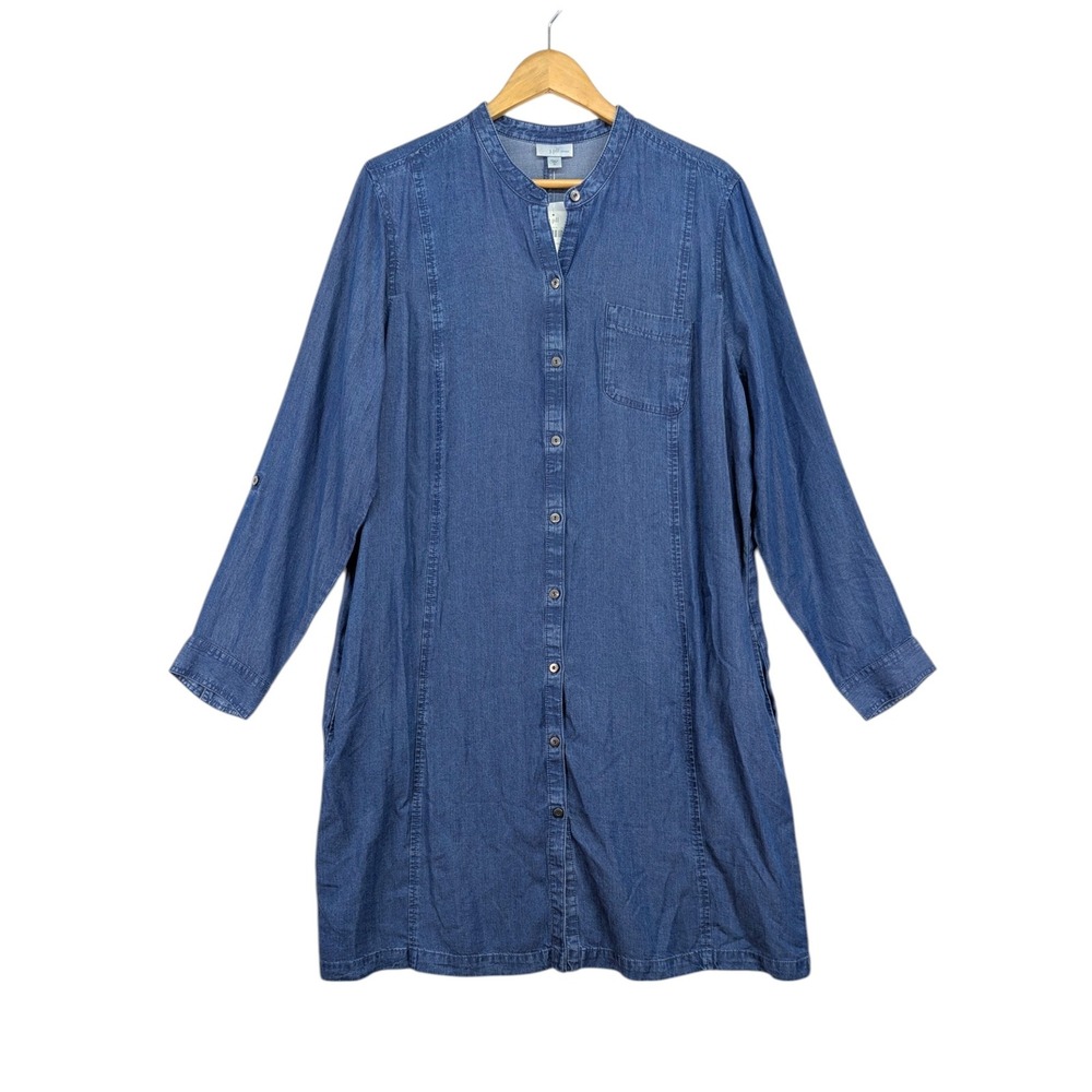 J. Jill Women Blue Tencel Chambray Denim Shirt Dress Roll Tab Sleeve XL NEW NWT